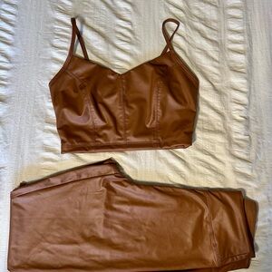 Brown Faux Leather Crop Top and Pants Set